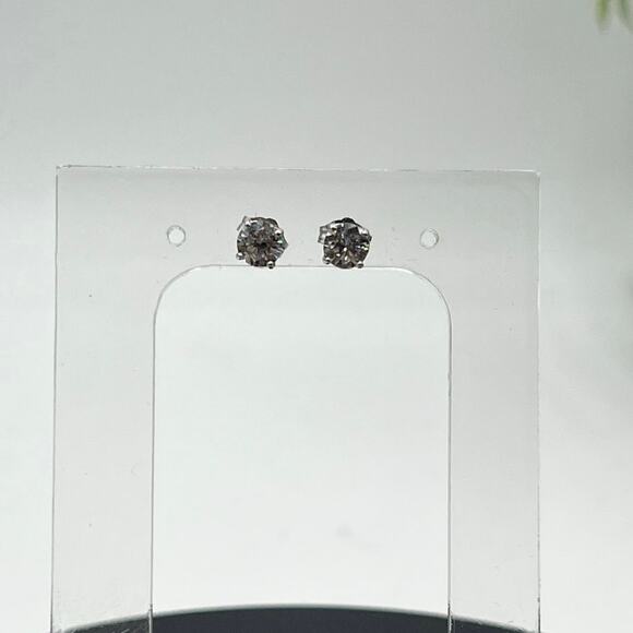 LM Signed 14k White Gold 4 Prong 5mm Round Stud Solitaire CZ Earrings - Picture 2 of 14